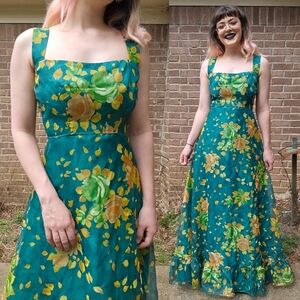 70's Vintage Teal Floral Summer Maxi Dress By Lorrie Deb Romantic Formal